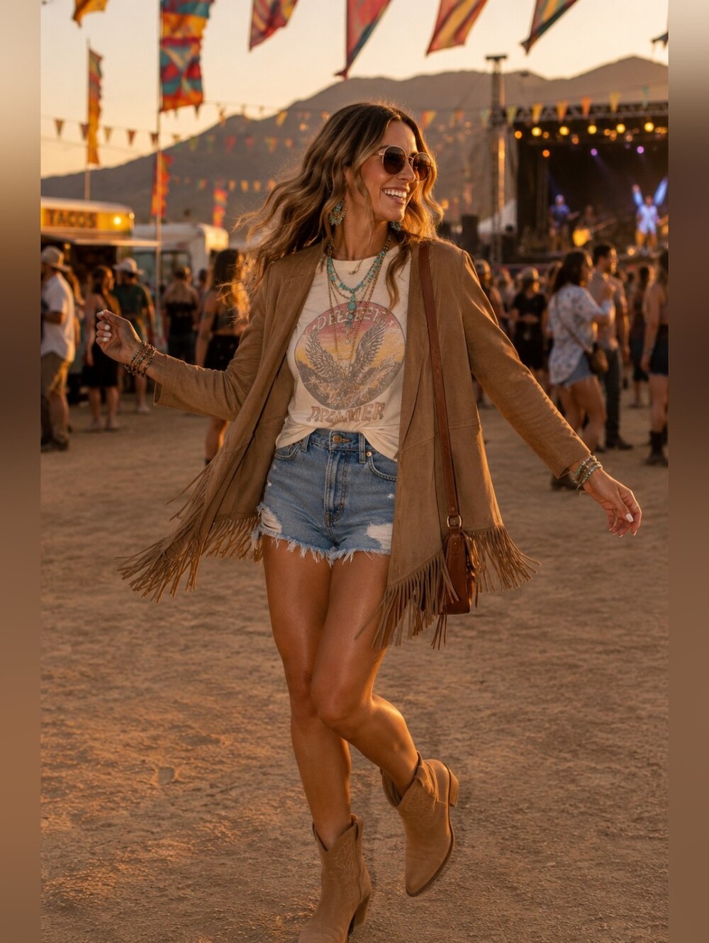 Chico's Faux Suede Fringe Open Front Jacket Size 1 Camel Boho Western Festival